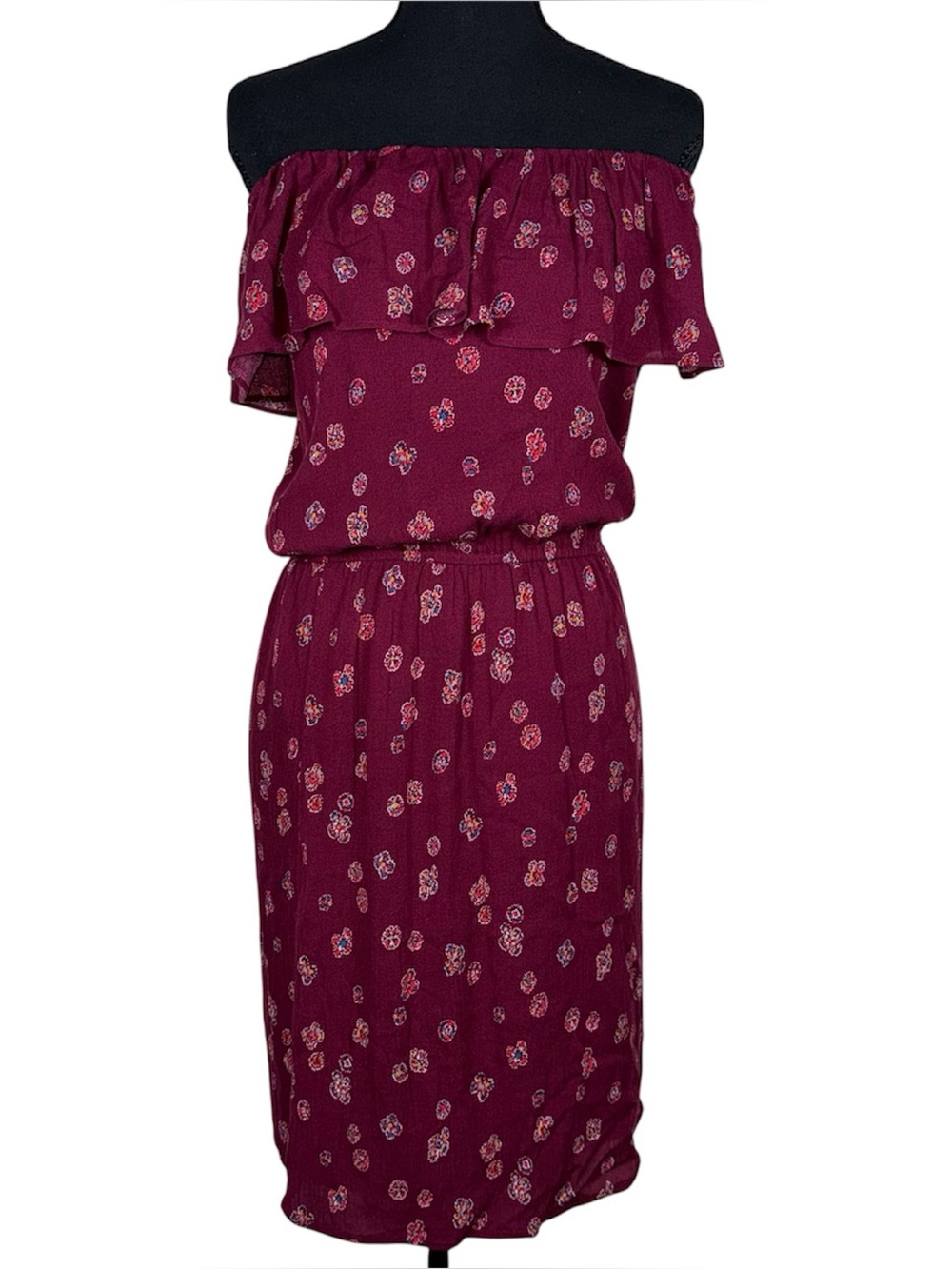 Burgundy Off the Shoulder Ruffle Neck Column Dress Sz XS Boho Floral Peasant NWT